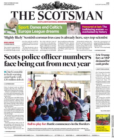The Scotsman Newspaper Front Page for 28 February 2020