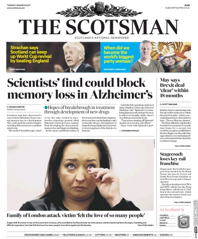 The Scotsman Newspaper Front Page for 28 March 2017