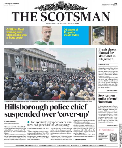 The Scotsman Newspaper Front Page for 28 April 2016