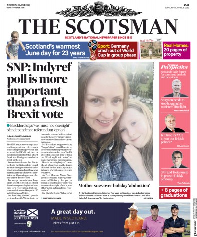 The Scotsman Newspaper Front Page for 28 June 2018