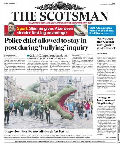 The Scotsman Newspaper Front Page for 28 July 2017