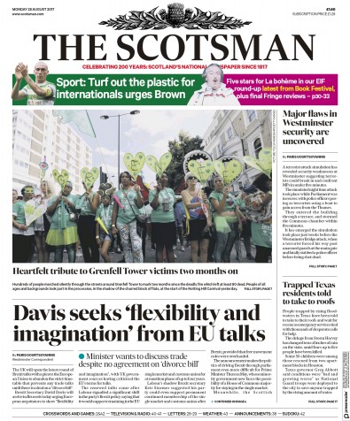The Scotsman (UK) Newspaper Front Page for 28 August 2017