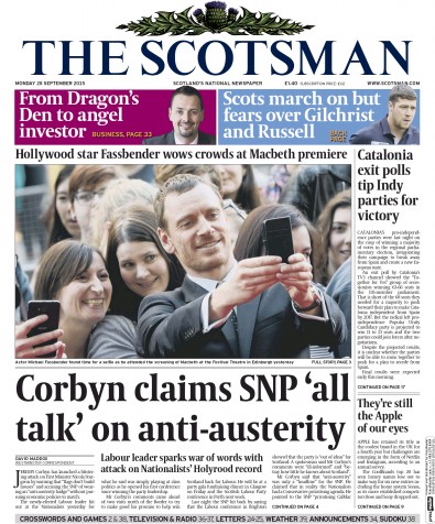 The Scotsman Newspaper Front Page for 28 September 2015