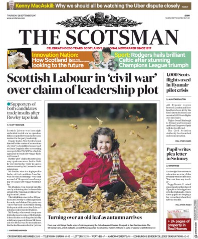 The Scotsman Newspaper Front Page for 28 September 2017