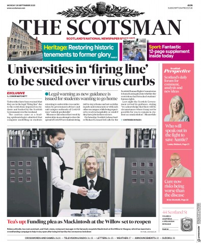 The Scotsman Newspaper Front Page for 28 September 2020
