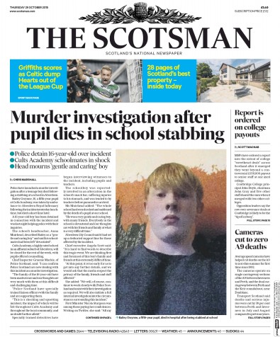 The Scotsman Newspaper Front Page for 29 October 2015