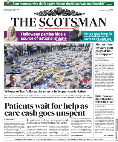 The Scotsman Newspaper Front Page for 29 October 2018