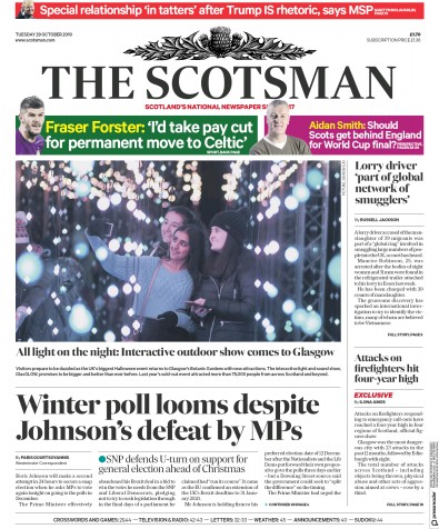 The Scotsman Newspaper Front Page for 29 October 2019
