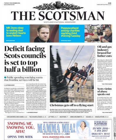 The Scotsman Newspaper Front Page for 29 November 2016