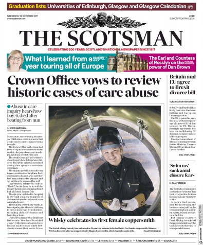 The Scotsman Newspaper Front Page for 29 November 2017