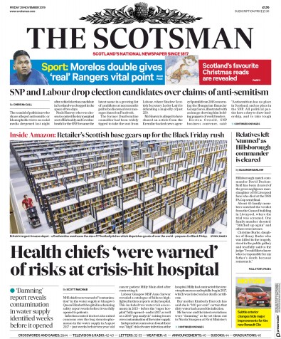 The Scotsman Newspaper Front Page for 29 November 2019