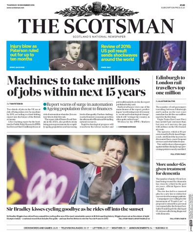 The Scotsman Newspaper Front Page for 29 December 2016