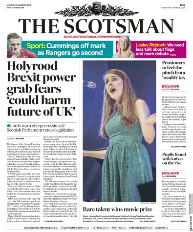 The Scotsman Newspaper Front Page for 29 January 2018