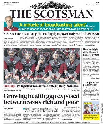 The Scotsman Newspaper Front Page for 29 January 2020