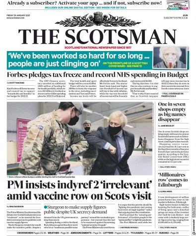 The Scotsman Newspaper Front Page for 29 January 2021