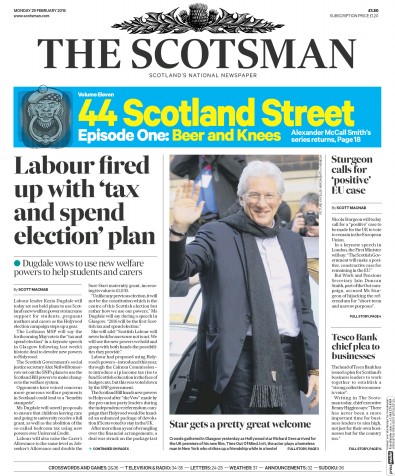 The Scotsman Newspaper Front Page for 29 February 2016