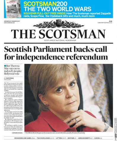 The Scotsman Newspaper Front Page for 29 March 2017