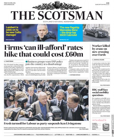 The Scotsman Newspaper Front Page for 29 April 2016