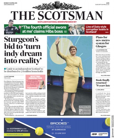The Scotsman Newspaper Front Page for 29 April 2019