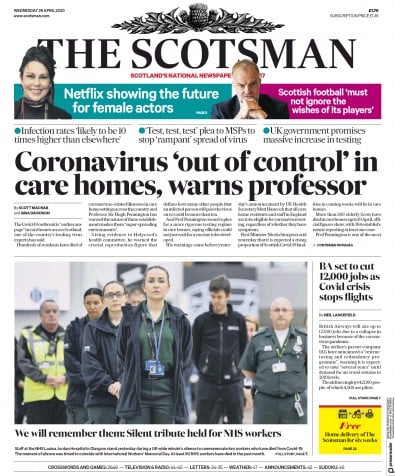 The Scotsman Newspaper Front Page for 29 April 2020