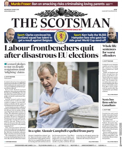 The Scotsman (UK) Newspaper Front Page for 29 May 2019