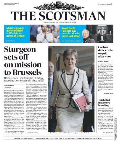 The Scotsman Newspaper Front Page for 29 June 2016