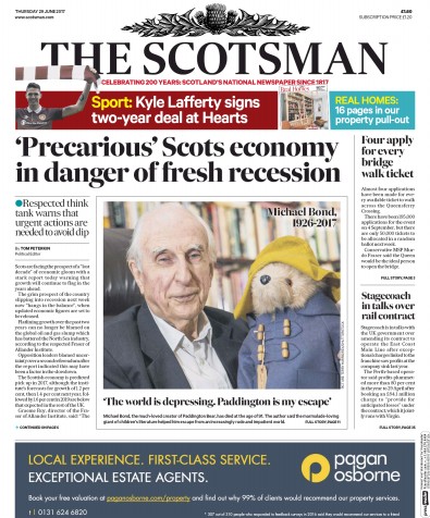 The Scotsman (UK) Newspaper Front Page for 29 June 2017