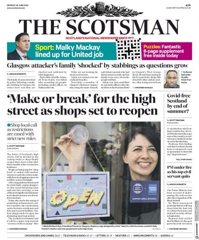 The Scotsman Newspaper Front Page for 29 June 2020