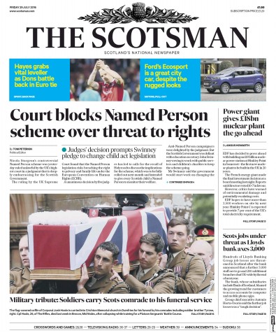 The Scotsman Newspaper Front Page for 29 July 2016