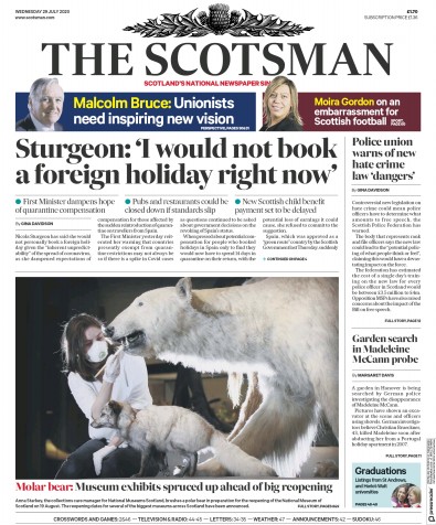 The Scotsman Newspaper Front Page for 29 July 2020