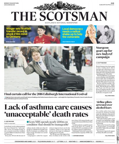 The Scotsman Newspaper Front Page for 29 August 2016
