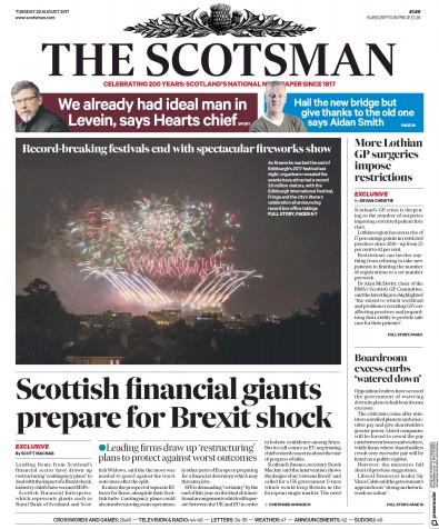 The Scotsman Newspaper Front Page for 29 August 2017