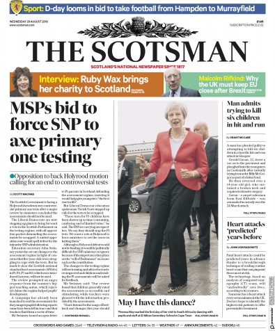 The Scotsman Newspaper Front Page for 29 August 2018