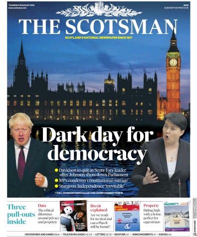 The Scotsman Newspaper Front Page for 29 August 2019