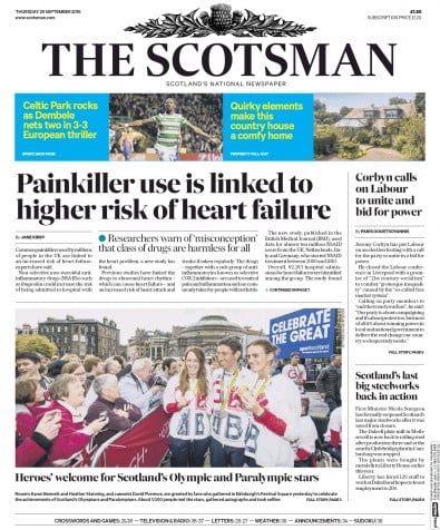 The Scotsman Newspaper Front Page for 29 September 2016