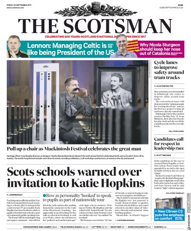 The Scotsman (UK) Newspaper Front Page for 29 September 2017