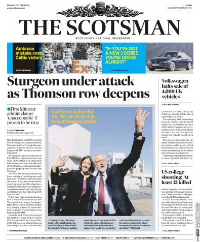 The Scotsman (UK) Newspaper Front Page for 2 October 2015