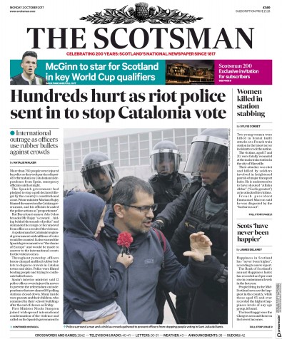 The Scotsman Newspaper Front Page for 2 October 2017