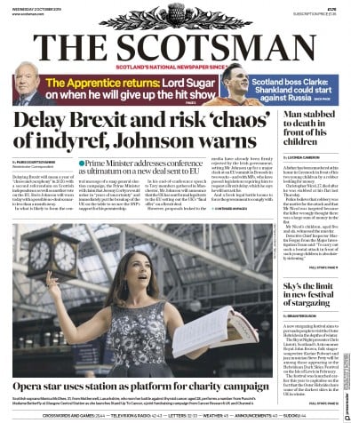 The Scotsman Newspaper Front Page for 2 October 2019