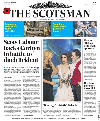 The Scotsman Newspaper Front Page for 2 November 2015