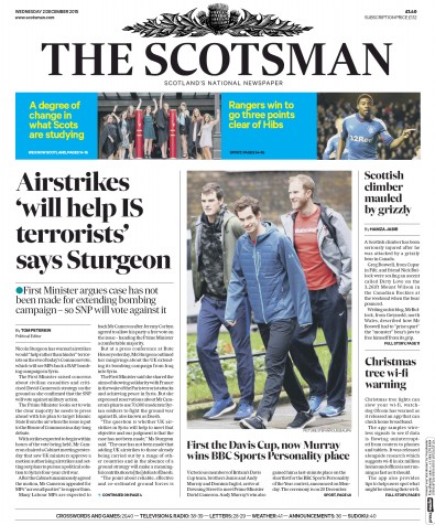 The Scotsman Newspaper Front Page for 2 December 2015