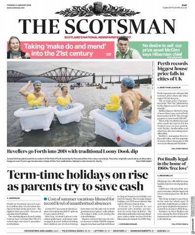 The Scotsman (UK) Newspaper Front Page for 2 January 2018