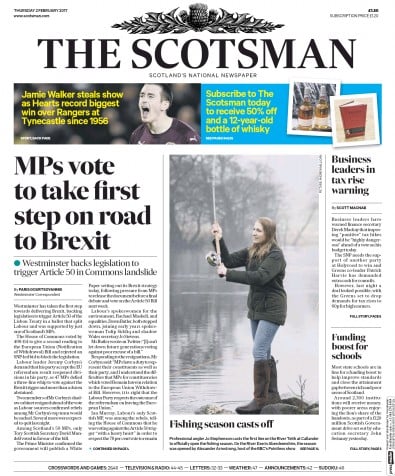 The Scotsman Newspaper Front Page for 2 February 2017