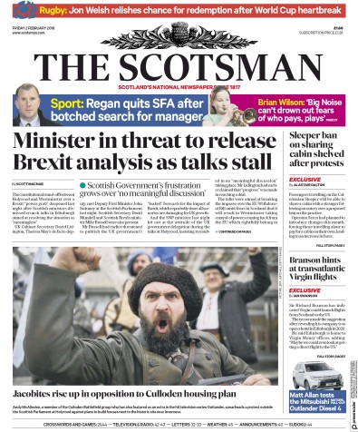 The Scotsman Newspaper Front Page for 2 February 2018