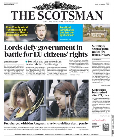 The Scotsman Newspaper Front Page for 2 March 2017