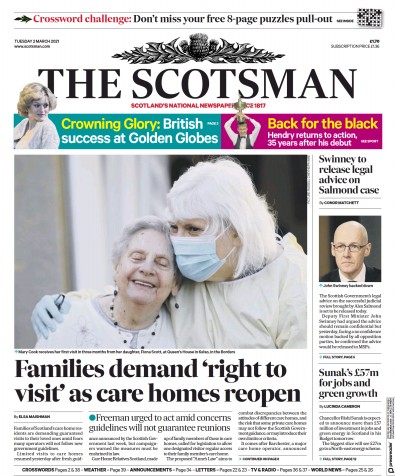The Scotsman (UK) Newspaper Front Page for 2 March 2021