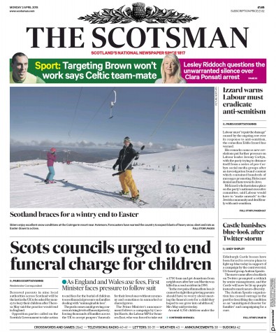 The Scotsman Newspaper Front Page for 2 April 2018