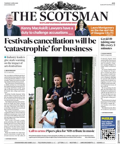 The Scotsman Newspaper Front Page for 2 April 2020