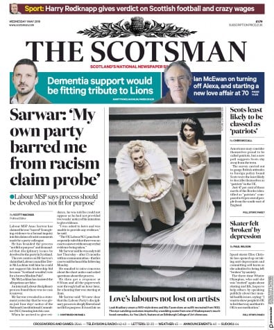 The Scotsman (UK) Newspaper Front Page for 2 May 2019