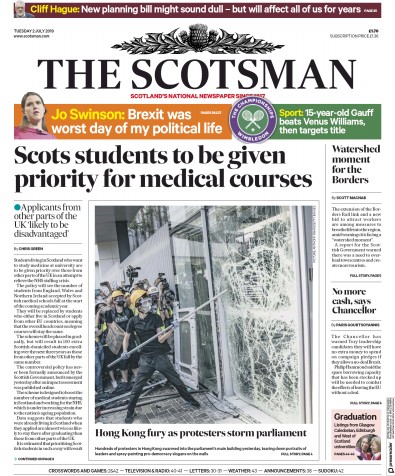 The Scotsman Newspaper Front Page for 2 July 2019